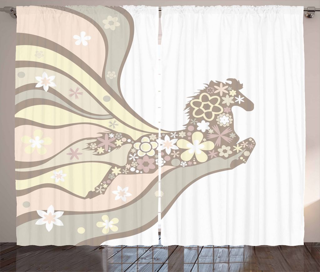 ABAKUHAUS Natur Rustikaler Gardine, Floral Pferdengaloppieren, Schlafzimmer Kräuselband Vorhang mit Schlaufen und Haken, 280 x 245 cm, Hellgelb Pf...