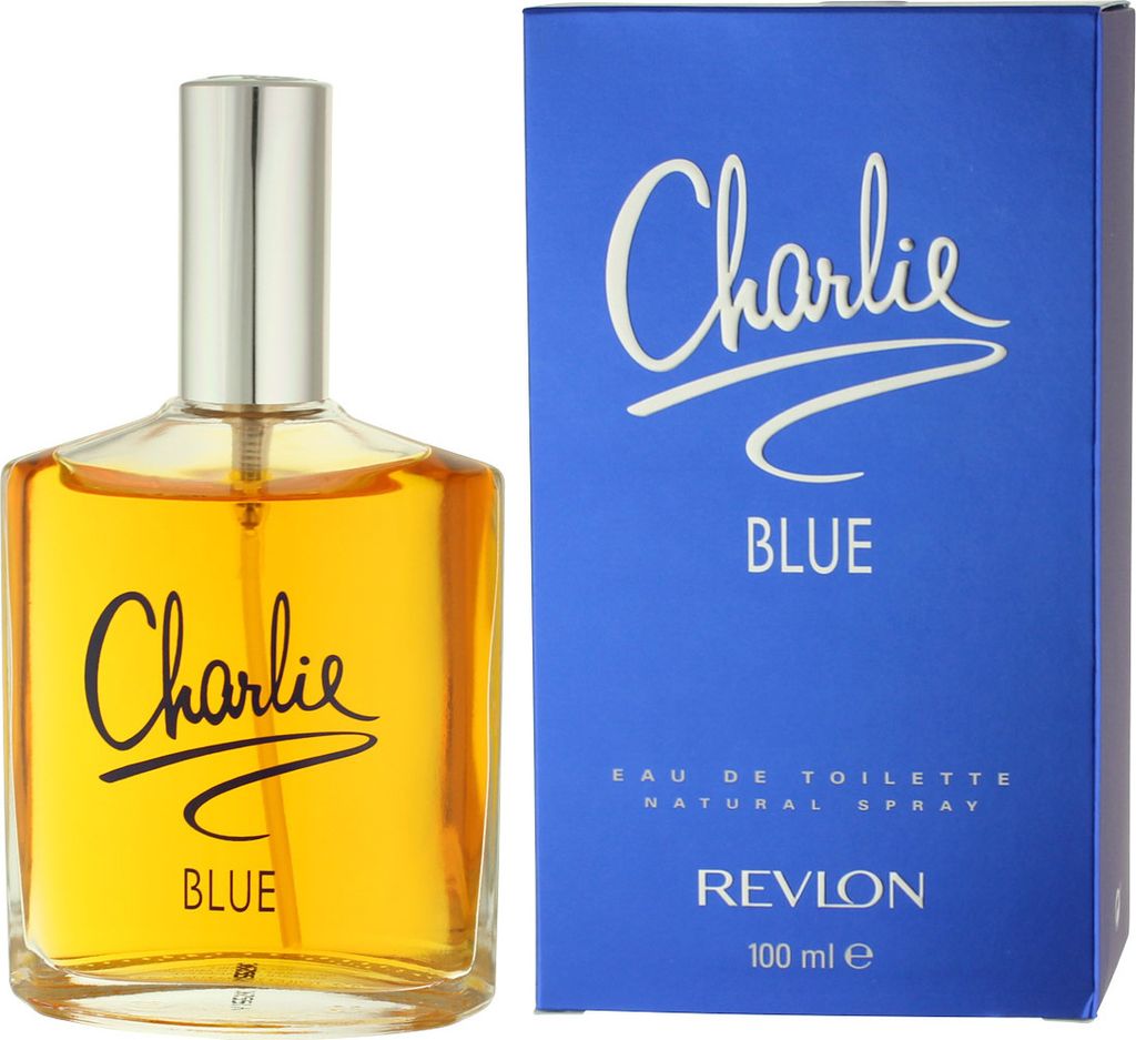 A bottle of Revlon Charlie Blue Eau de Toilette and its packaging.