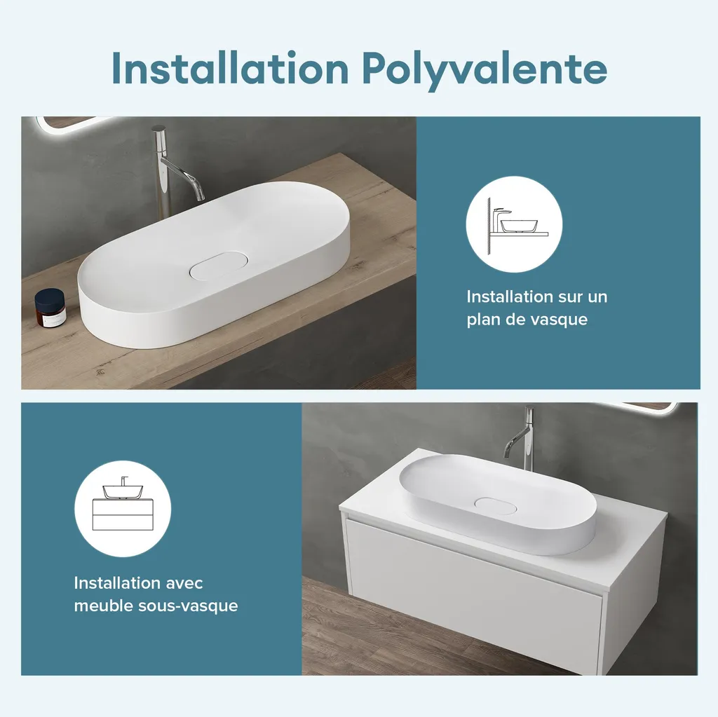Vasque à poser ovale en pierre de synthèse blanc mat 71x35 cm