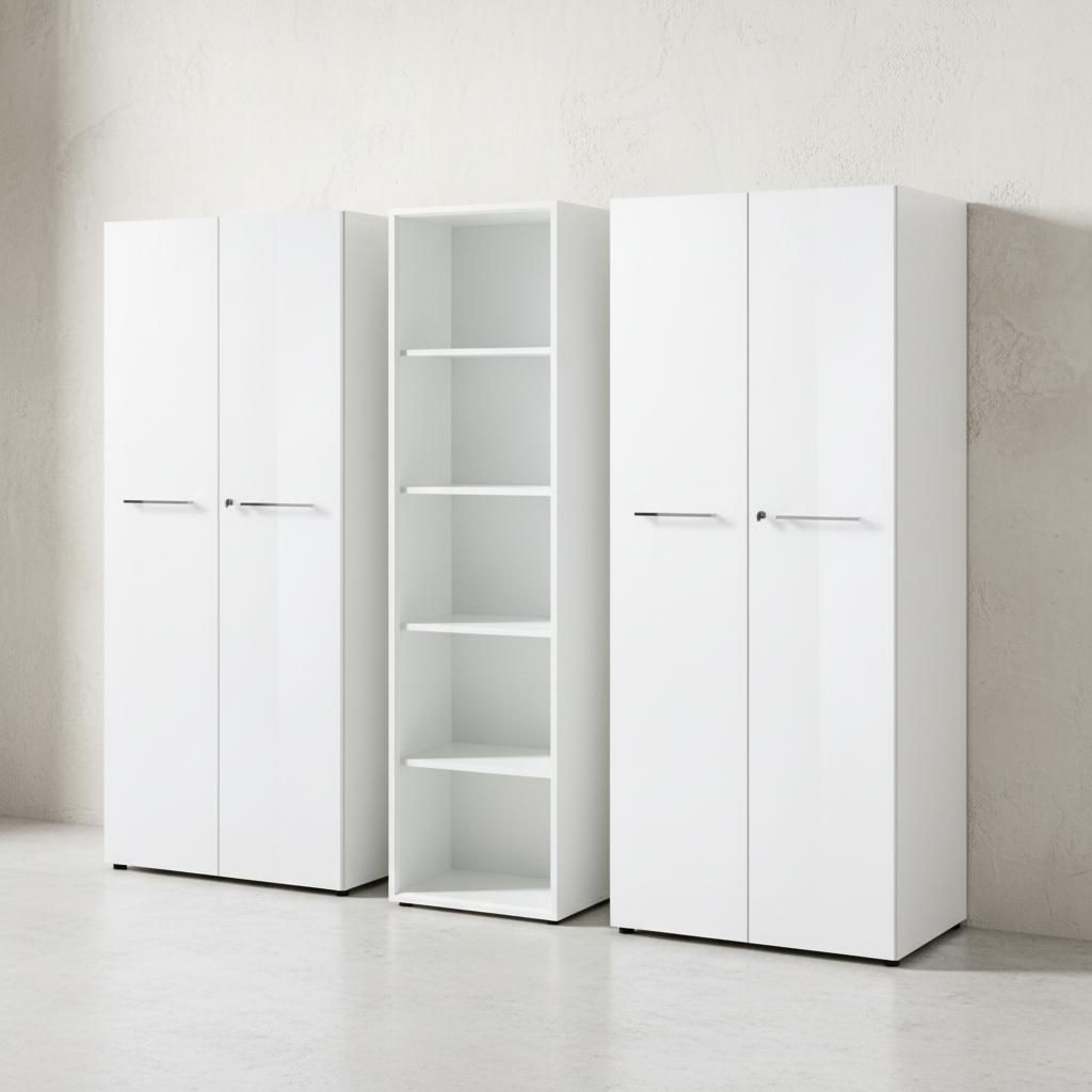 Aktenschrank Set 3-teilig Schrankwand Weiß | 5 Ordnerhöhen | 2 Schrank Abschließbar & Regal | Glasfront Soft-Close | Serie MUENCHEN Kadima Design