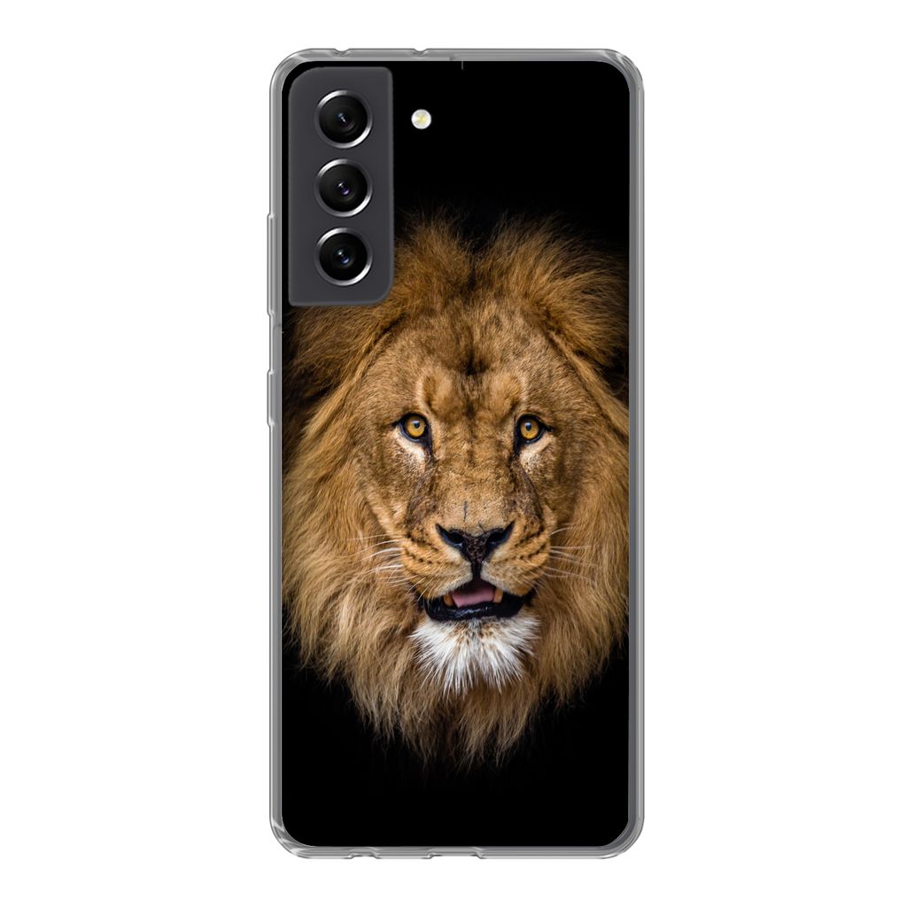 MuchoWow Handyhülle Schutzhülle Hülle für Samsung Galaxy S21 FE Löwe - Porträt - Schwarz - Tiere Silikon Softcase Handy Hülle - Mobiltelef...