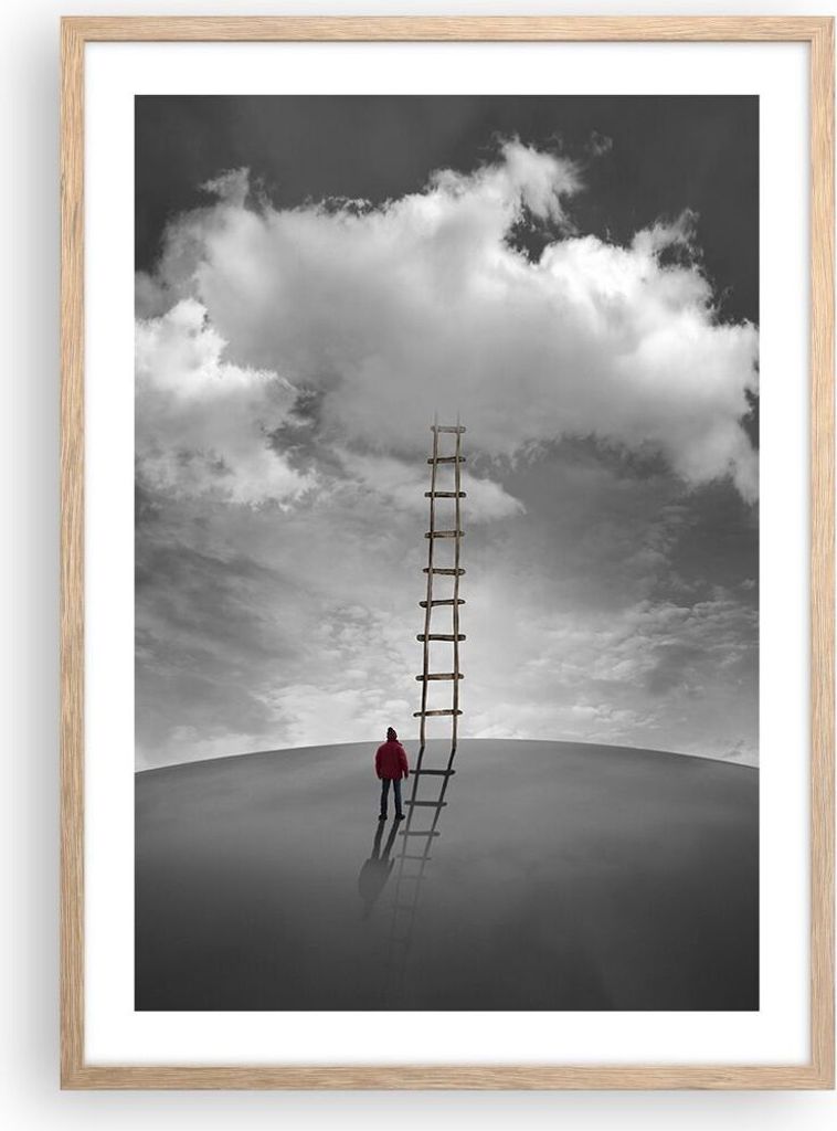 Gerahmtes Poster - Rahmen in heller Eiche - Symbol Leiter Himmel - 50x70 cm - Wand Bild - Wanddeko - Wandbilder - Kunstposter - Wandposter - Bilder...