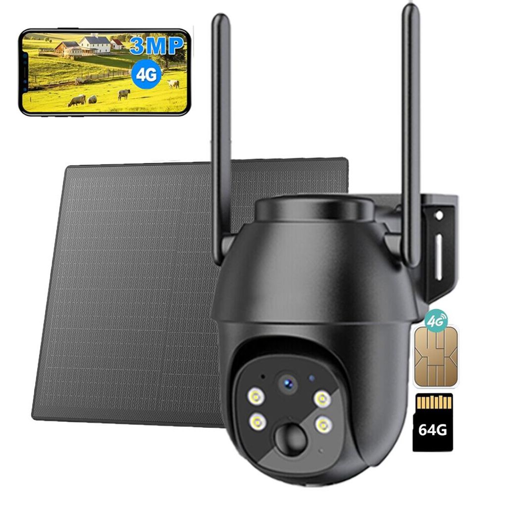 4G LTE Überwachungskamera Aussen Akku mit SIM Karte 2K Kabellos Solar PTZ IP Kamera Outdoor Ohne WLAN IR/Farb-Nachtsicht PIR Erkennung mit 64G
