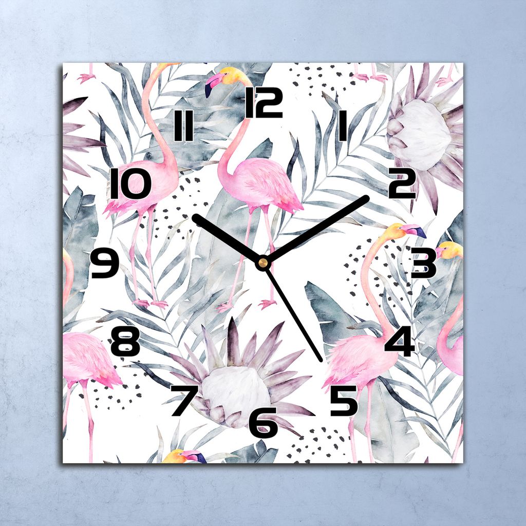 Wanduhr Echt-Glas-Küchenuhr Flamingos & Pflanzen Quarz 30x30 Deko Bilder