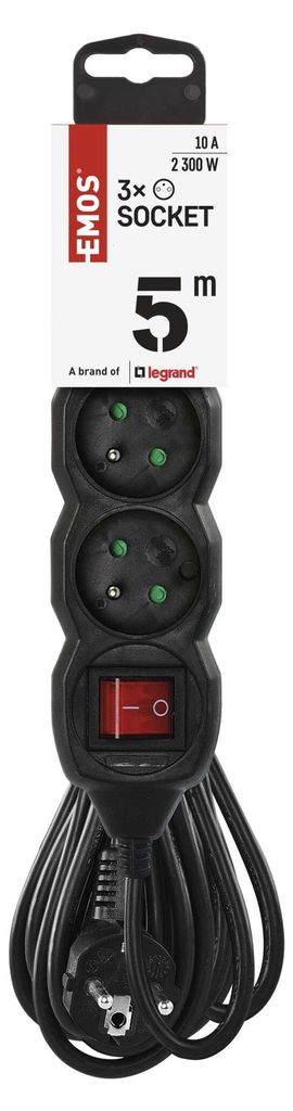 Prodlužovací kabel 5 m / 3 zásuvky / s vypínačem / černý / PVC / 1 mm2