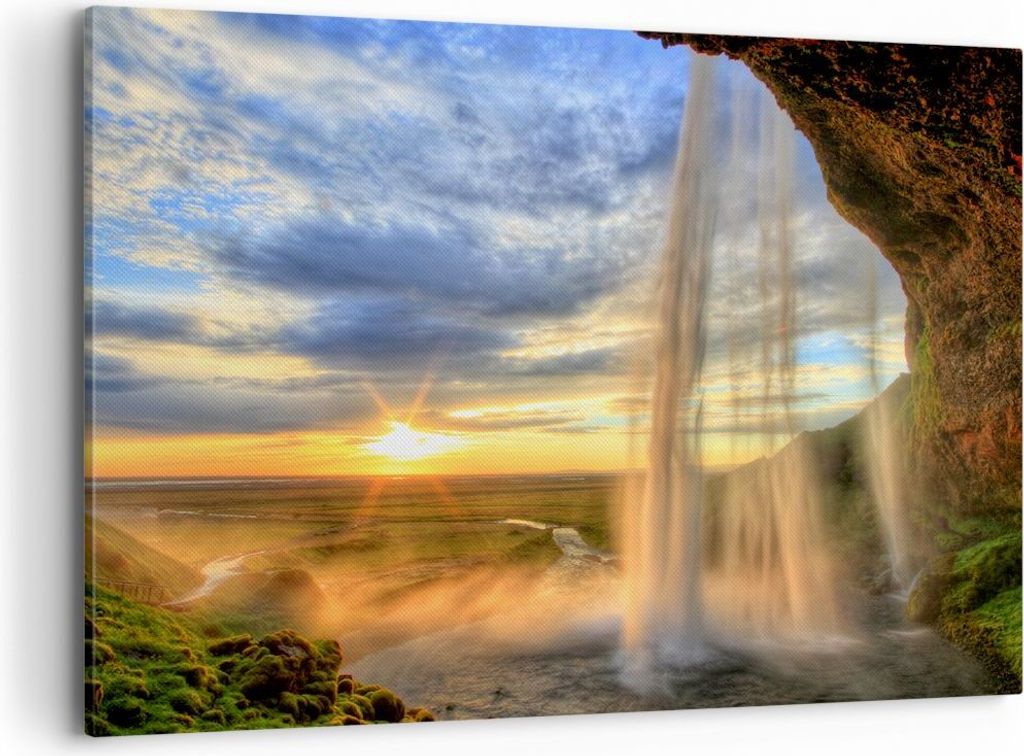 Bild auf Leinwand - Leinwandbild - Wasserfall Natur Park Sonne - 100x70cm - Wand Bild - Wanddeko - Leinwanddruck - Bilder - Kunstdruck - Wanddekora...