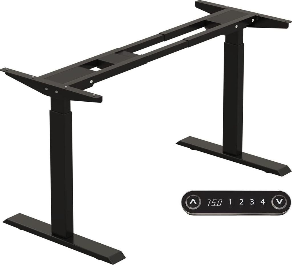 A black adjustable height desk frame is shown against a white background, with a control panel in the lower right corner.
