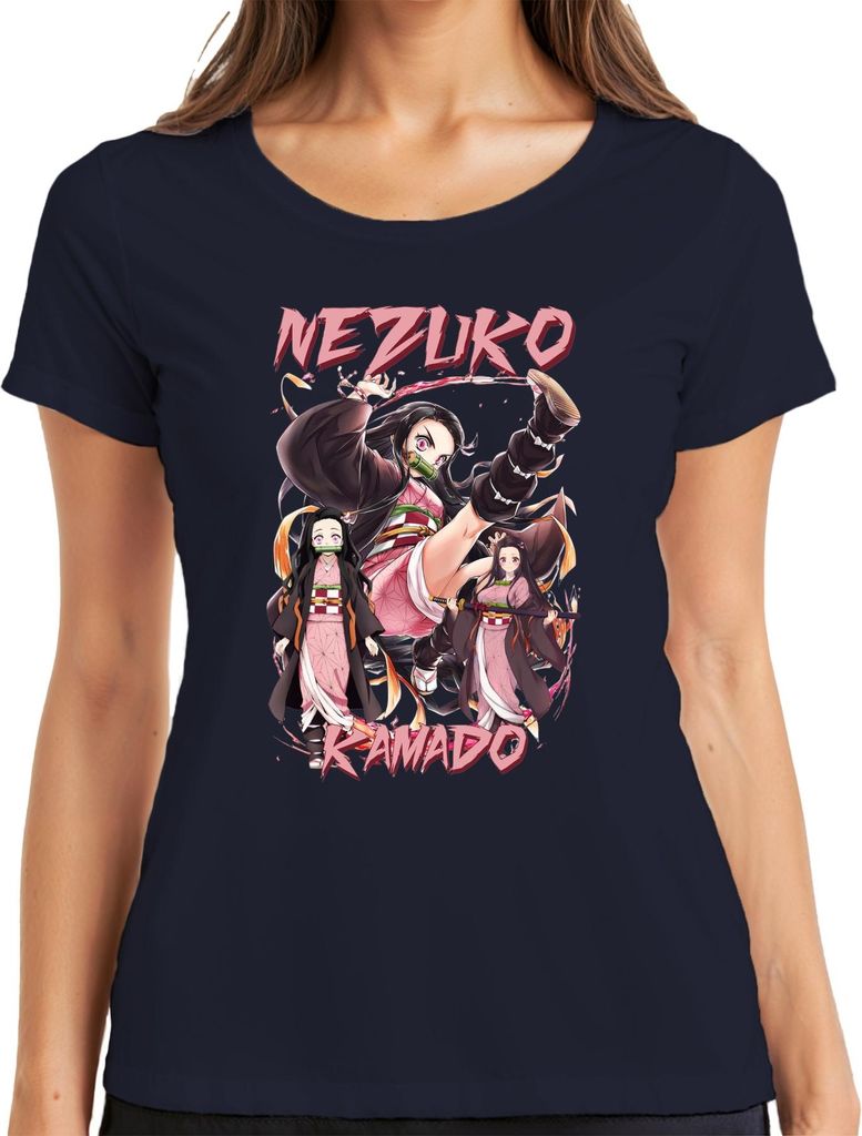Nezuko Kamado Anime Kimono Bambus Dämonenjäger Geschenk Cosplay Damen T-Shirt, Navy, XXL