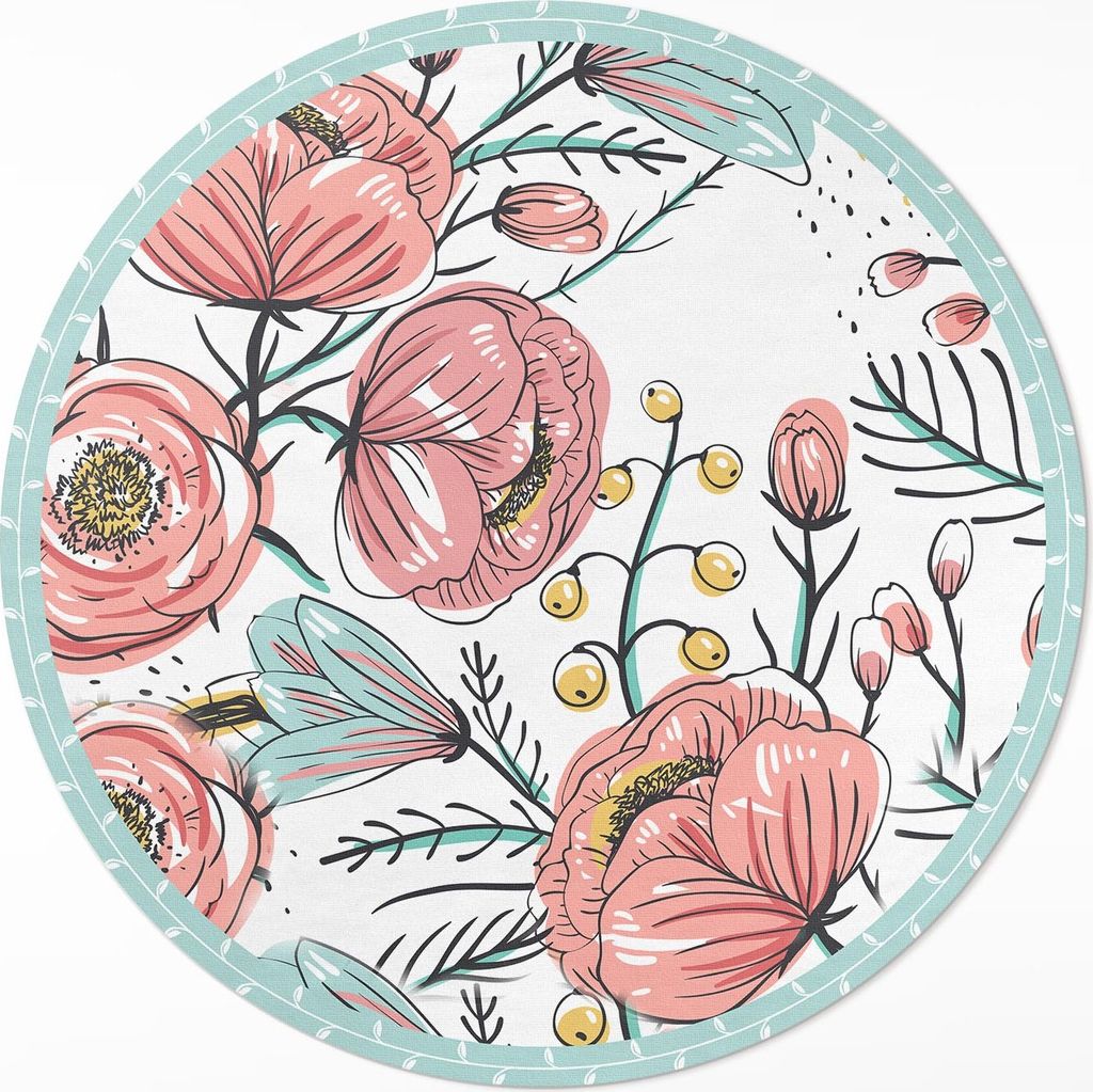 Pastellfarbene Blumen schöne subtile Illustration – Vinyl Fußmatte – Ø 150cm – Rutschfest – Pflegeleicht & Langlebig