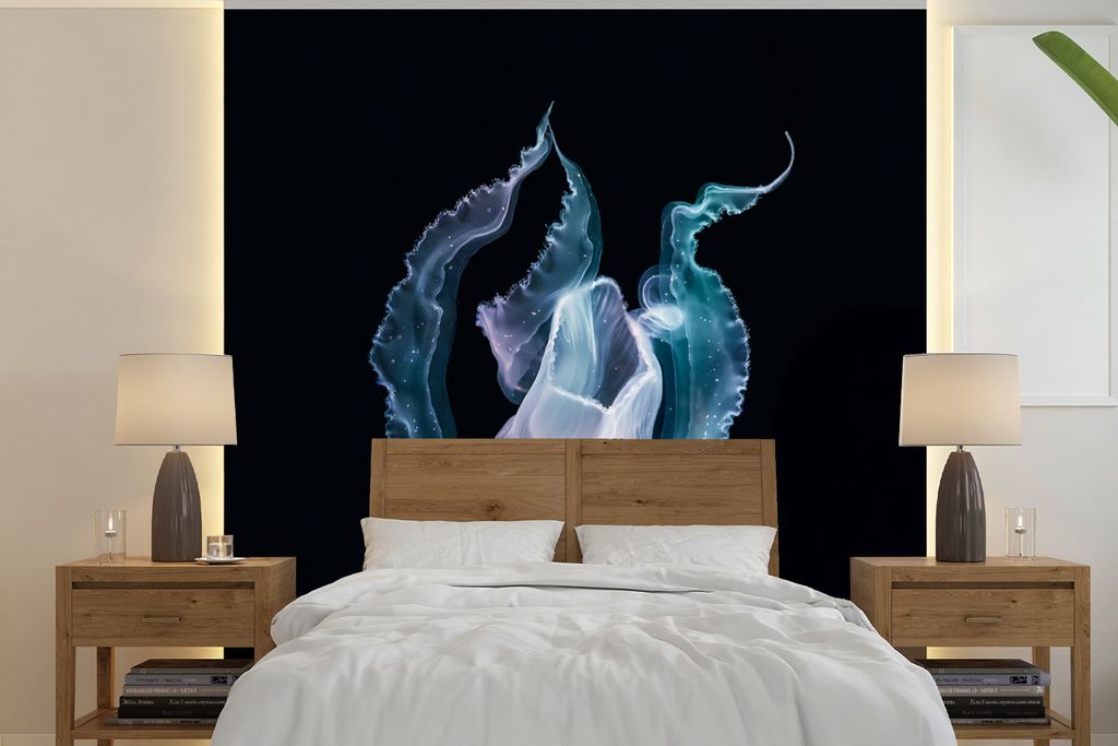 MuchoWow Fototapete für Wohnzimmer oder Schlafzimmer Wandtapete Vinyl Motivtapete Qualle - Blau - Rosa - 280x280 cm - Hintergrundbild