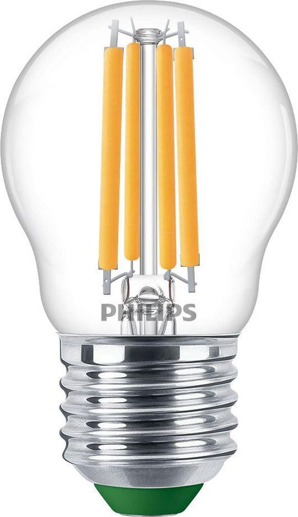 A close-up studio shot of a clear LED light bulb with a silver screw base and internal filament-like LED elements.
