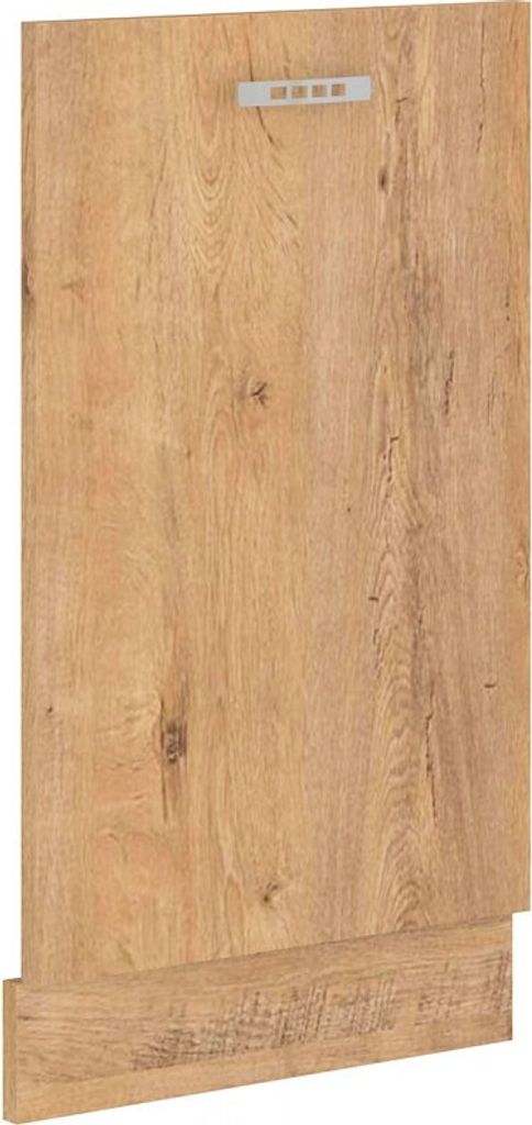 A close-up of a wooden cabinet door with a silver handle.