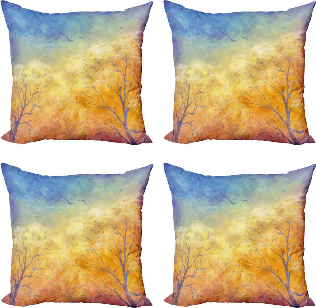 ABAKUHAUS Natur Kissenbezug Set (4 Stück), Bäume im Herbst Möwen Himmel, Moderner Doppelseitiger Digitaldruck, 45 cm x 45 cm, Blau Marigold Yellow