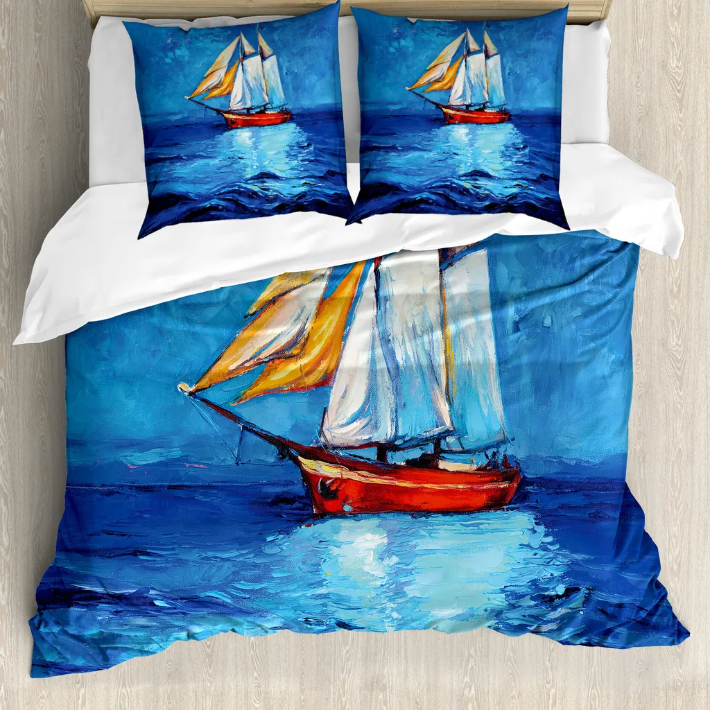 ABAKUHAUS Copripiumino nautico, illustrazione artistica con barca a vela, antiacaro, adatto a chi soffre di allergie, con federe, 155 cm x 220 cm - 80 x 80 cm, blu navy e blu