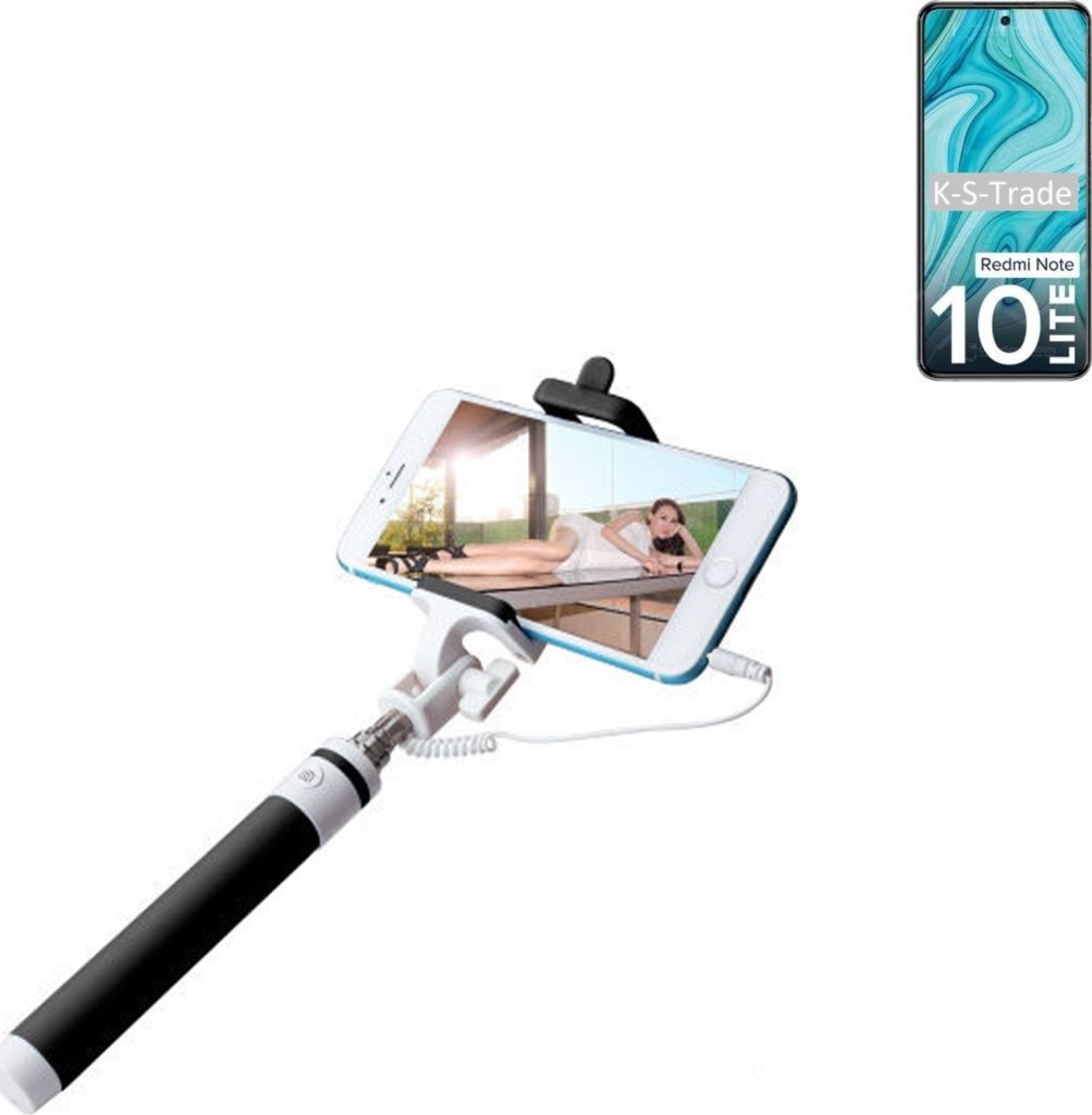 K-S-Trade Selfie Stick kompatibel mit Xiaomi Redmi Note 10 Lite Selfiestick kabelgebunden Monopod mit Kabel Stab Stange Selfportrait Handheldstick