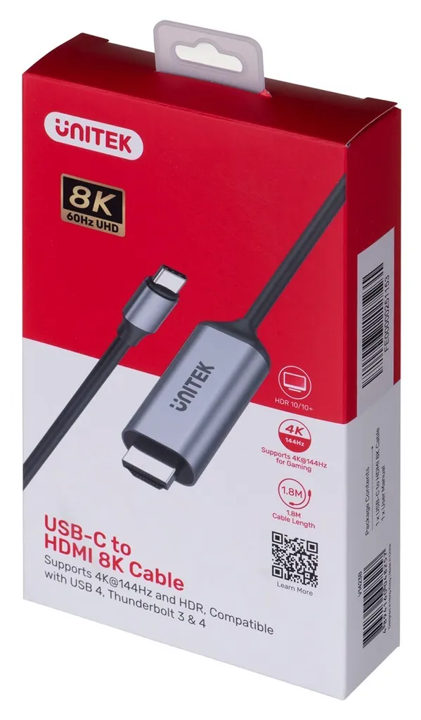 Câble HDMI 2.1 USB-C 8K Unitek V1423B avec Connecteur Haute Vitesse