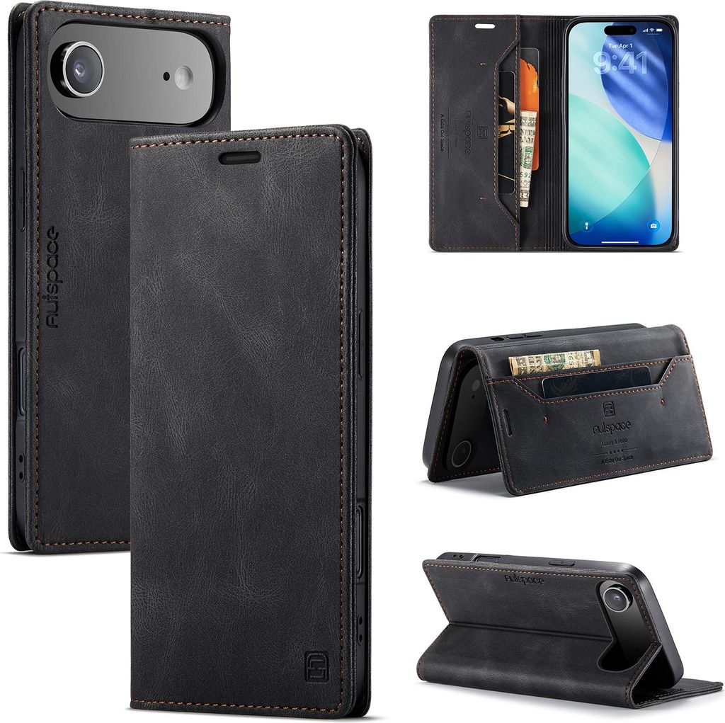 Hülle für iPhone Air, Retro Kunstleder Tasche Kartenfächern und Ständer Schutzhülle Schwarz