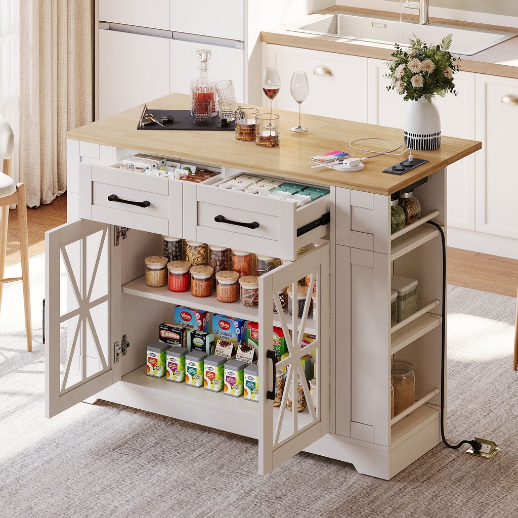 STILVORA Multifunktionaler 120cm Küchenwagen mit Bremsen Rollen und klappbarer Arbeitsplatte,Kücheninsel freistehend mit AC/USB Anschluss,Küchen...
