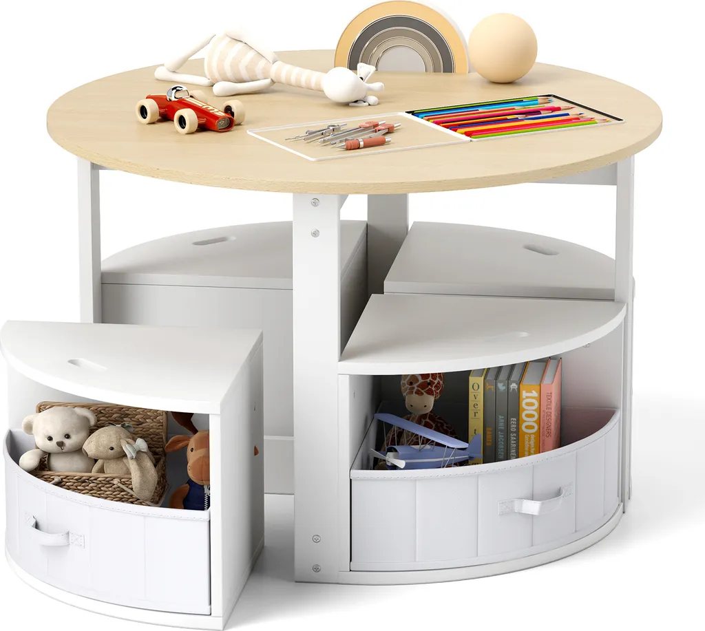 Mobilier de jeu enfant table ronde et 4 tabourets avec rangements bois