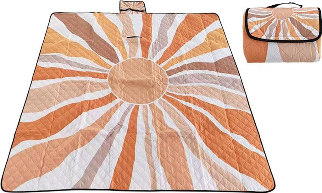 Picknickdecke XXL 200x200 cm šC extra gro?, wasserdicht & waschbar, isoliert mit Alubeschichtung, orange Sunburst Design, faltbar mit Tragetasche ...