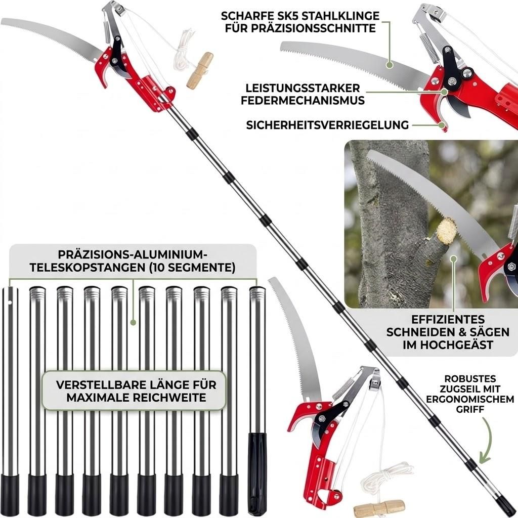 Teleskop Astschere & Baumsäge – Extrem ausziehbar 82–402 cm, 4-Punkt-Seilzug, 65Mn-Stahl Sägeblatt