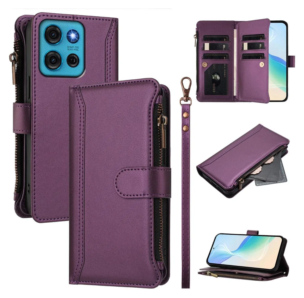 Cover Motorola G75 Viola con Tasche e Zip: Sicurezza Totale per Te