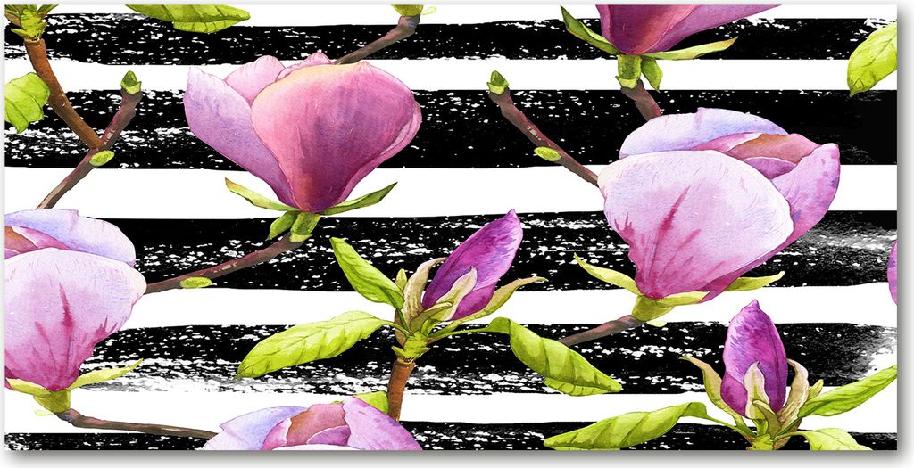 Tulup Glas-Bild -140x70- Wandkunst Dekorative Wand für Küche & Wohnzimmer - Blumen & Pflanzen - Magnolien Streifen - Rosa