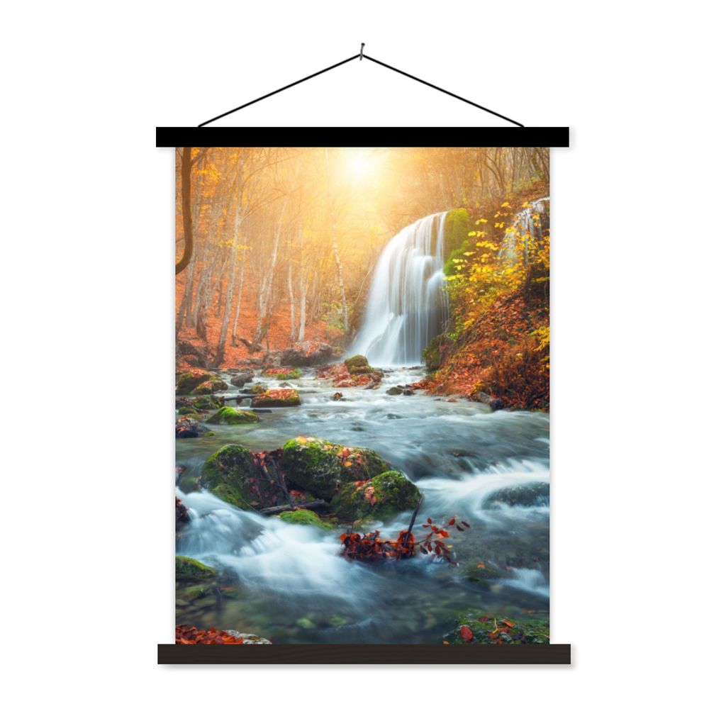 MuchoWow Textilposter Wasserfall - Sonne - Herbst 90x120 cm mit schwarzem Rahmen - Dekoration