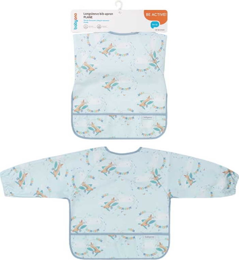 BABYONO | Lätzchen mit langen Ärmeln - Flugzeugmuster - Wasserdicht - Praktisch und bequem