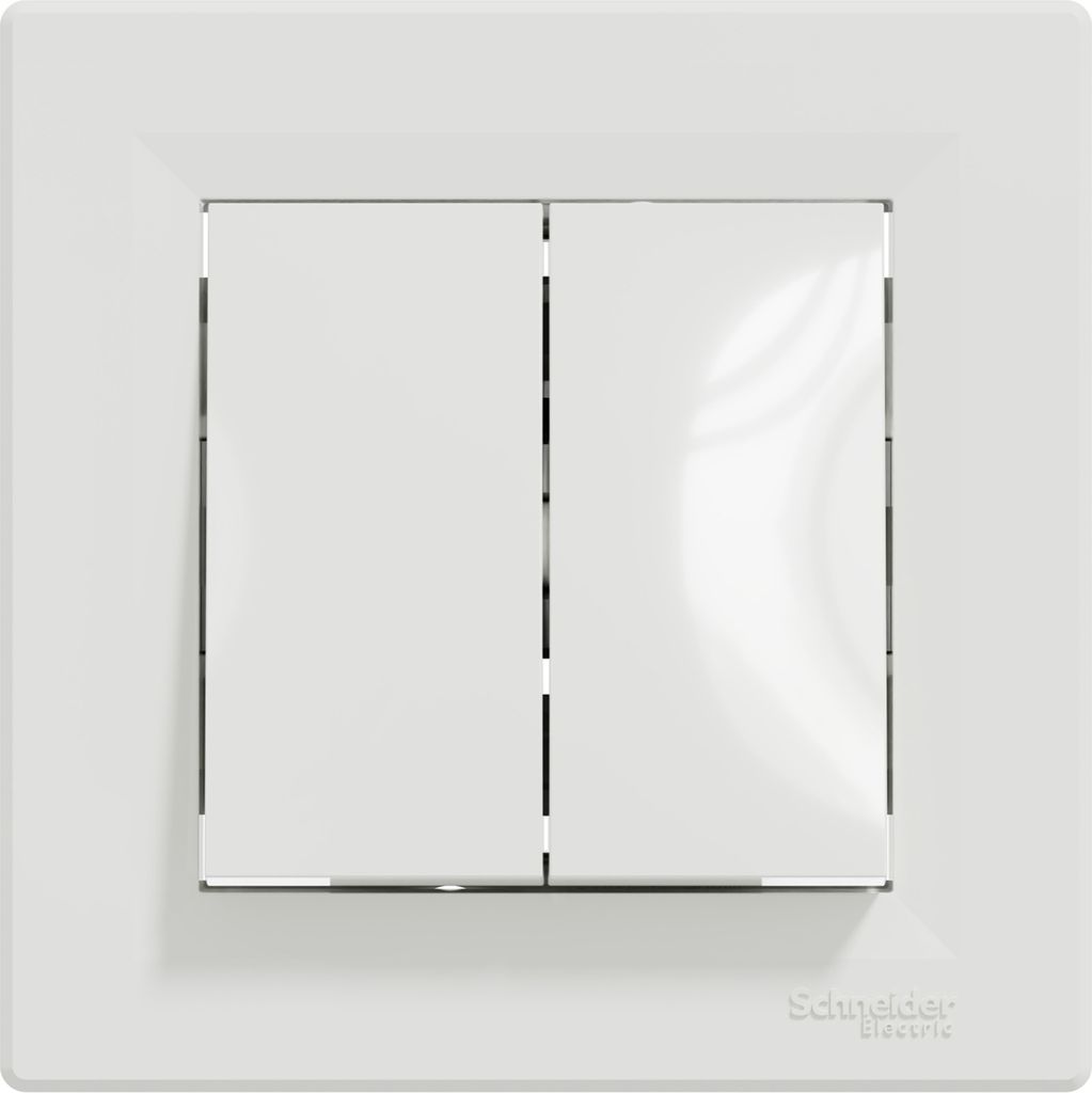 A white double light switch on a white background.