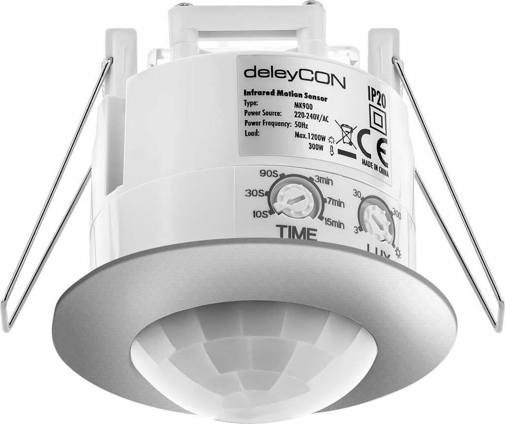 deleyCON Infrarot Decken-Bewegungsmelder - Innenbereich - Reichweite 6m bei 360° - einstellbare Umgebungshelligkeit - IP20 - Unterputz - Chrome