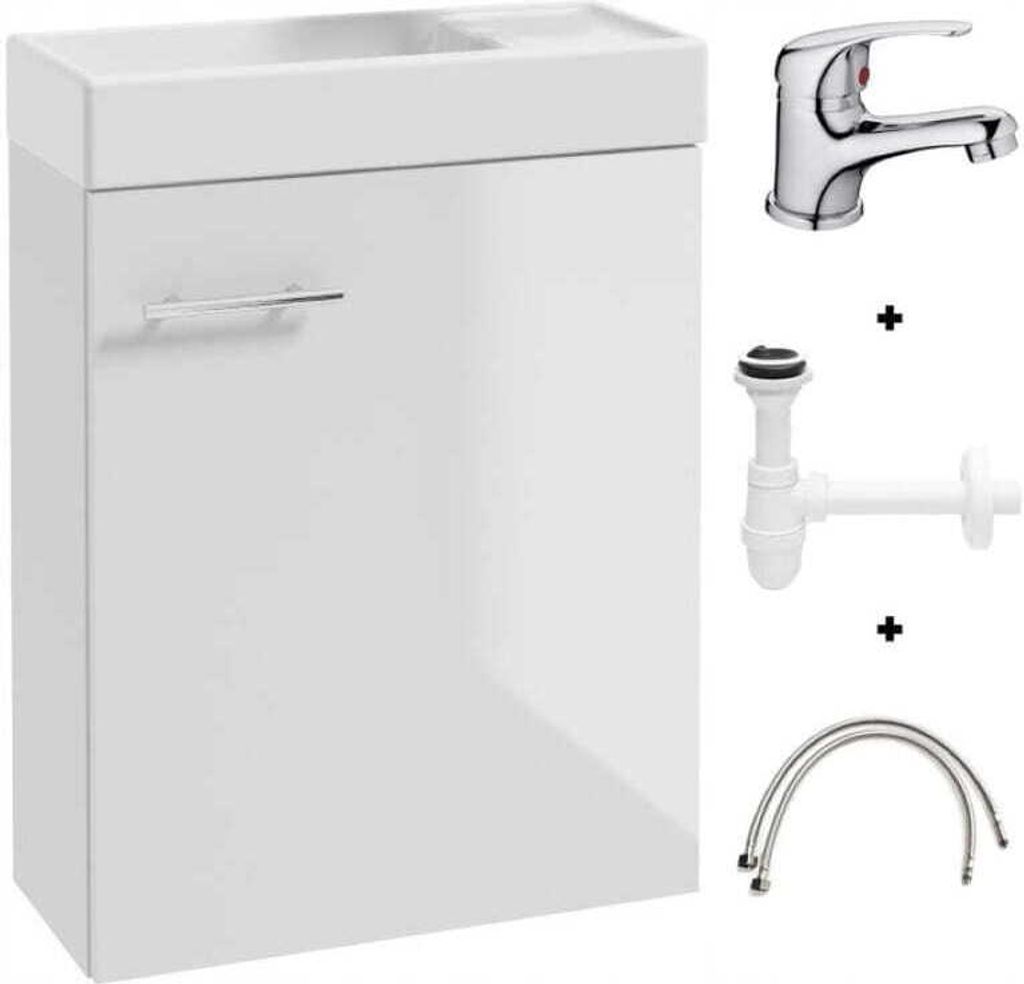 A white bathroom vanity with a sink, faucet, and plumbing parts displayed next to it.