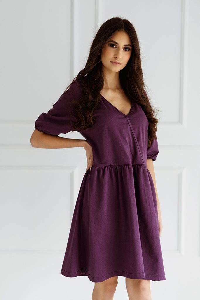 DOLCE SONNO Stillnachthemd – Umstandsnachthemd - Nachthemd für Schwangere und Stillende - 100% Baumwolle – MEGI PURPLE S