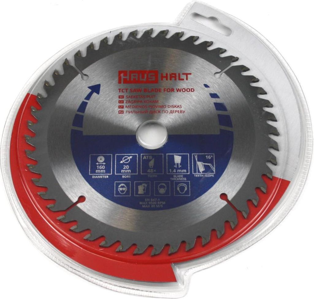 A circular saw blade for wood is presented in its clear plastic packaging.