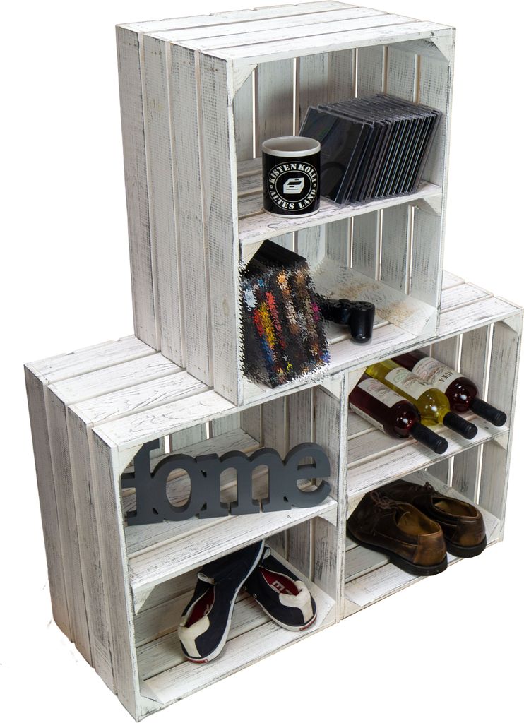 Obstkiste Johanna neu - Shabby weiß 3er Set Quer Weinkisten Holzkisten Regalkisten Weinregal