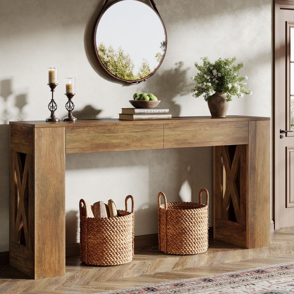 A console table with decorative items and baskets in a home setting.
