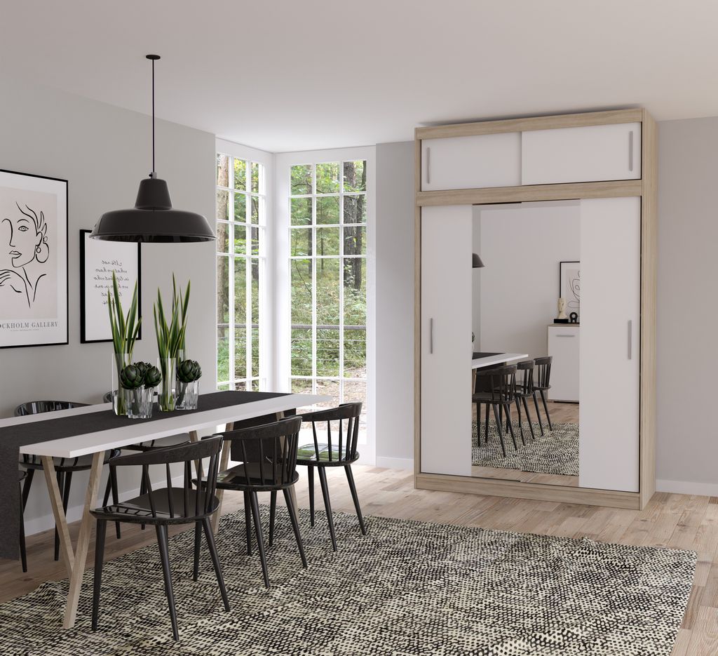 Schwebetürenschrank Kleiderschrank Schrank mit Spiegeln 150cm und Aufsatz 150/45/61cm Sonoma/Weiß mit LED-Beleuchtung Vista 01