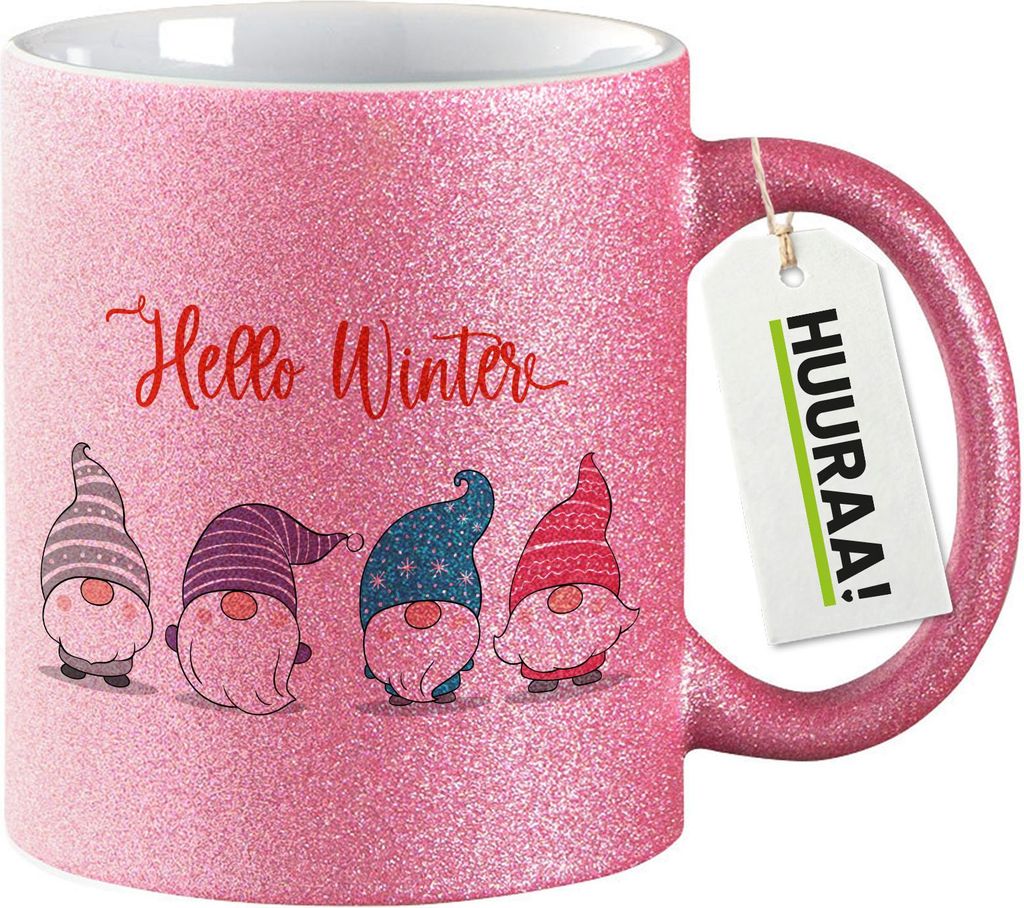 Huuraa Glitzertasse Hello Winter Wichtel Weihnachtself 330ml Pink Keramik Kaffeebecher Geschenkidee