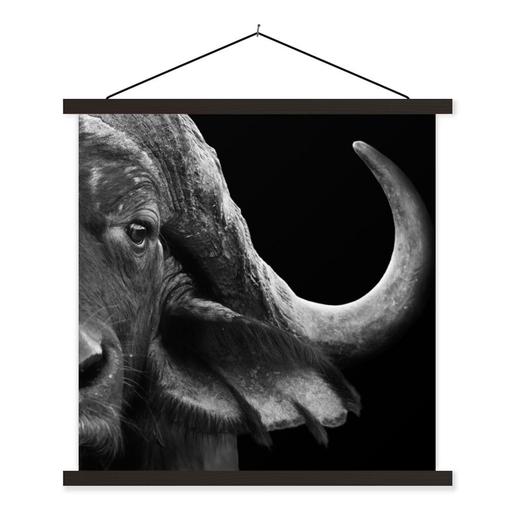 MuchoWow Textilposter Büffel - Tiere - Schwarz - Weiß 60x60 cm mit schwarzem Rahmen - Posteraufhänger