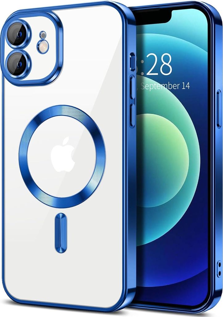 Magnetische Klar Hülle für iPhone 12, Kompatibel mit MagSafe, Elektroplattiert Handyhülle mit Kameraschutz Blau