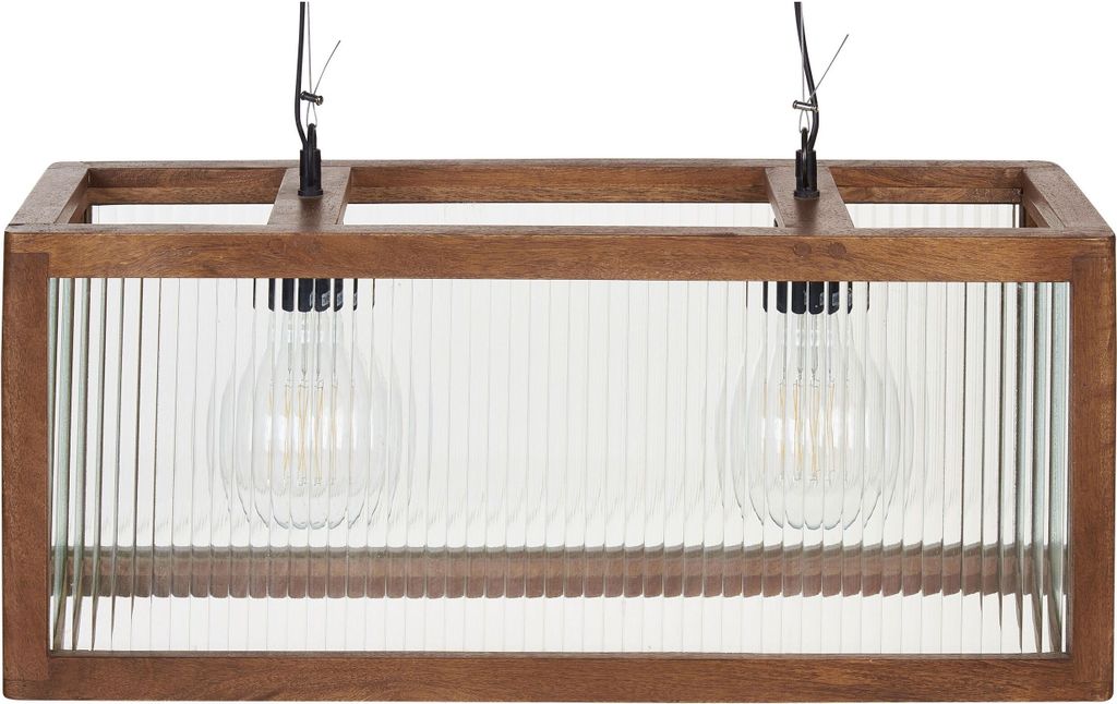 BELIANI Hängeleuchte Hellbraun Mango-Holz 2-Flammig mit Schirm Geometrisch Glas Rillen-Optik Langes Kabel Rustikal Esstisch Wohnzimmer Flur Wohnk...