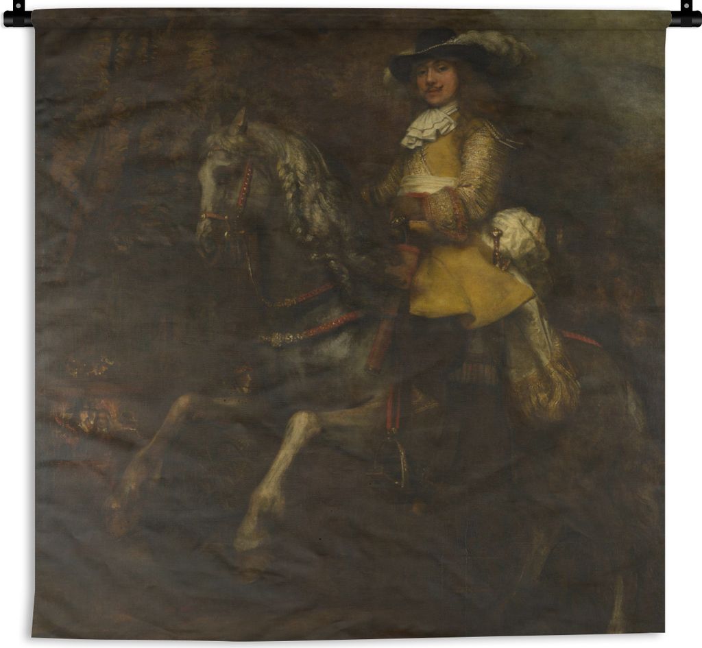 MuchoWow Wandteppich Wandbehang Porträt eines Mannes zu Pferd, möglicherweise Frederick Rihel - Gemälde von Rembrandt van Rijn 120x120 cm Tapi...