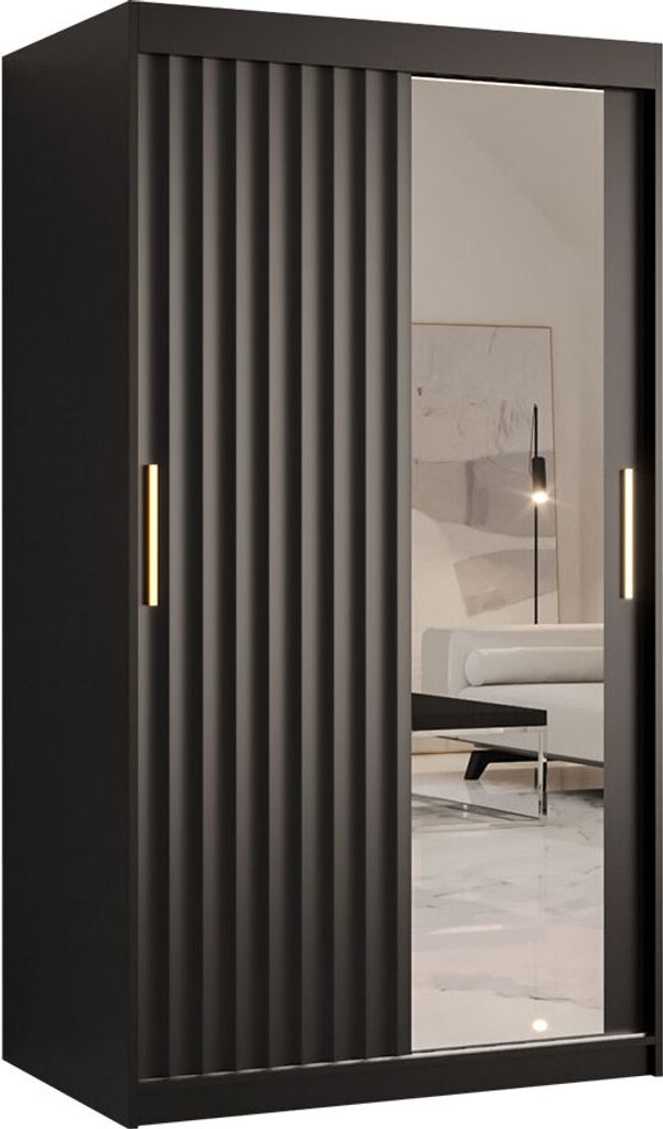 MIRJAN24 Kleiderschrank Riflo Wave 2 100, Schwebetürenschrank mit zwei Kleiderstangen, Garderobe mit Frontspiegel (Farbe: Schwarz, Größe: 100 cm)
