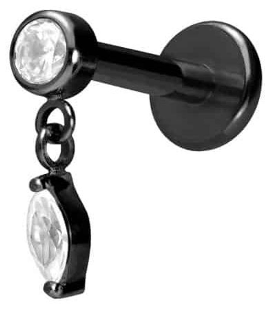 Ohrpiercing, Nasenpiercing Titan Labret mit Push Fit KRISTALL + KRISTALLTROPFEN Schwarz Stablänge: 6mm | Stabstärke: 1mm