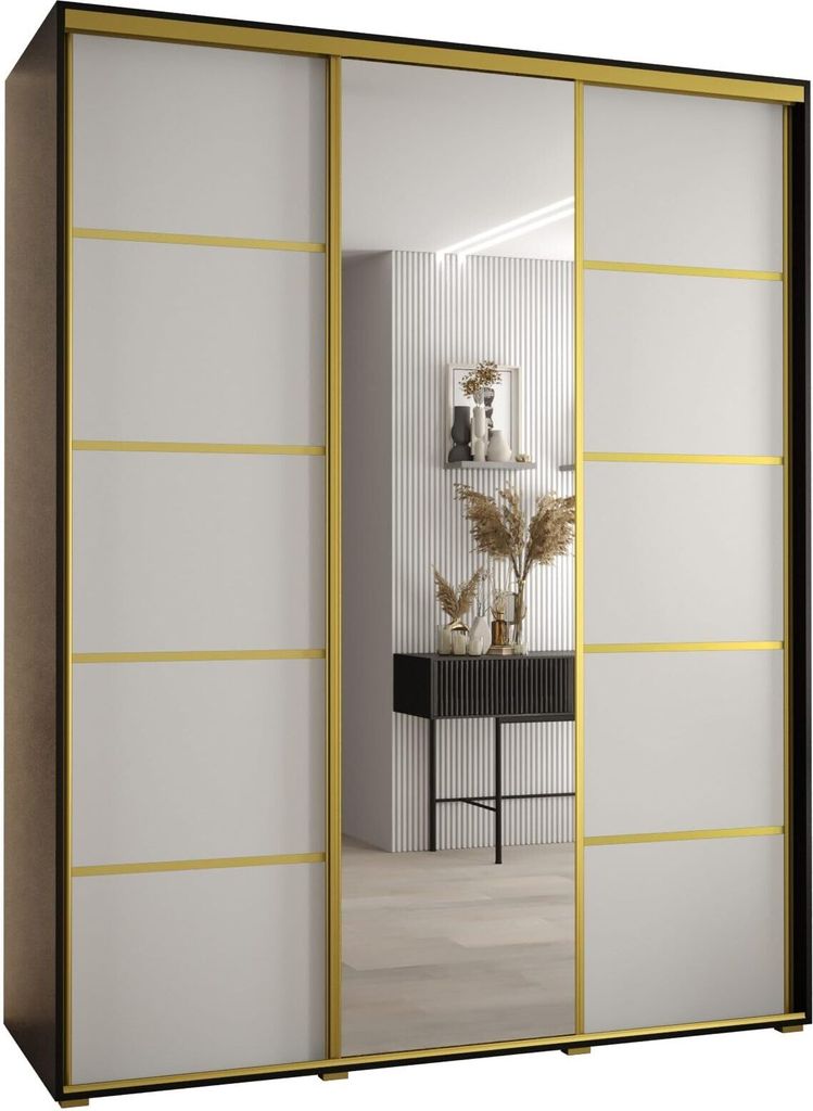 MEBLE KRYSPOL Cannes 5 Schrank mit 3 Schiebetüren - 205,2x190x60 cm - Schwarz Weiß Gold