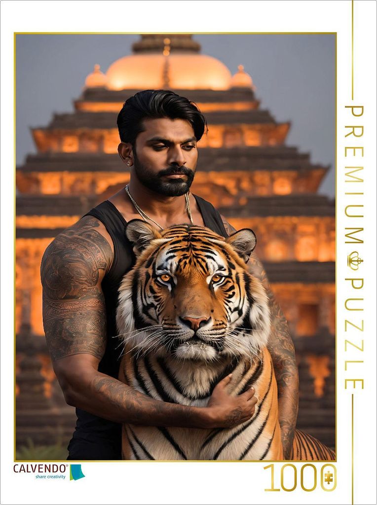CALVENDO Puzzle Inder mit beeindruckendem Tiger vor beleuchtetem Tempel | 1000 Teile Lege-Größe 64x48cm Foto-Puzzle für glückliche Stunden