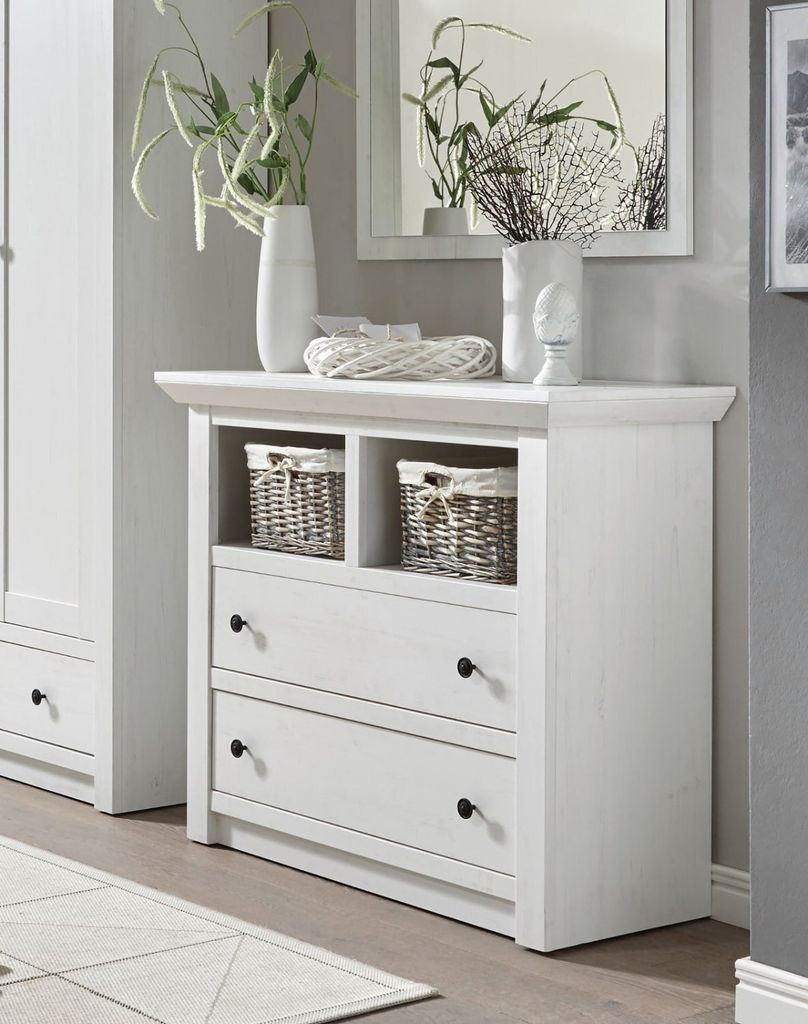 Kommode 105x45 cm Höhe 90 cm mit 2x Schubkästen weiß Pinie WALES