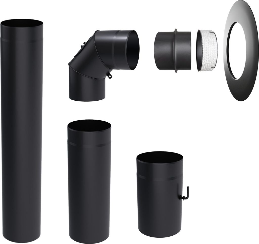 A set of black metal stove pipes and connectors arranged on a white background.