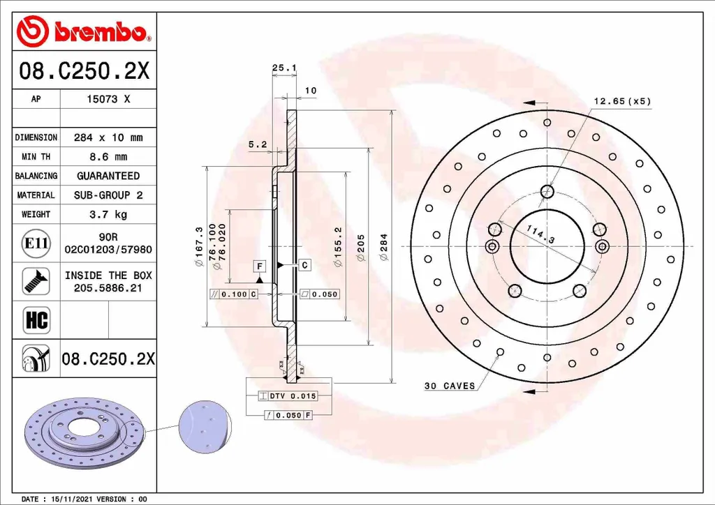 Disque de Frein Brembo 08.C250.2X Haute Performance Peint UV pour i40