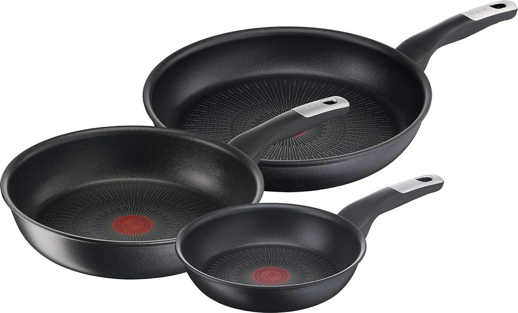 3-teiliges Pfannen-Set | Pfannen 24/28 cm und Wokpfanne 28 cm | kratzfeste Antihaftversiegelung | Thermo-Signal | alle Herdarten + Induktion